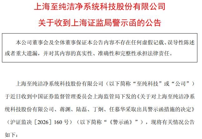 会计违规导致2021年—2024年财务数据不准确，至纯科技及四名时任高管收警示函，公司此前连续三年年报遭交易所问询